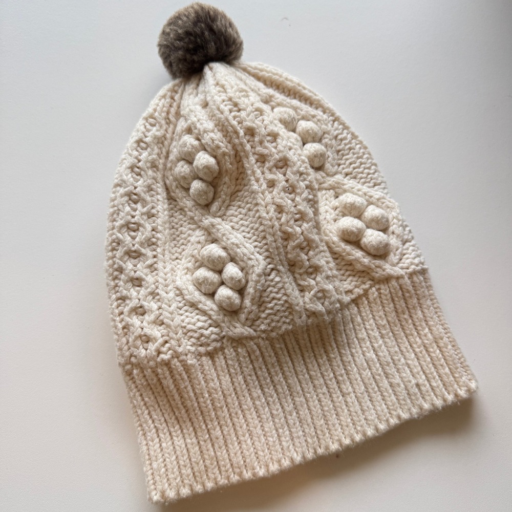 Baby Gap Toddler Cream Cable Knit Popcorn Bobble Beanie Hat 4-5 Years Pom-Pom